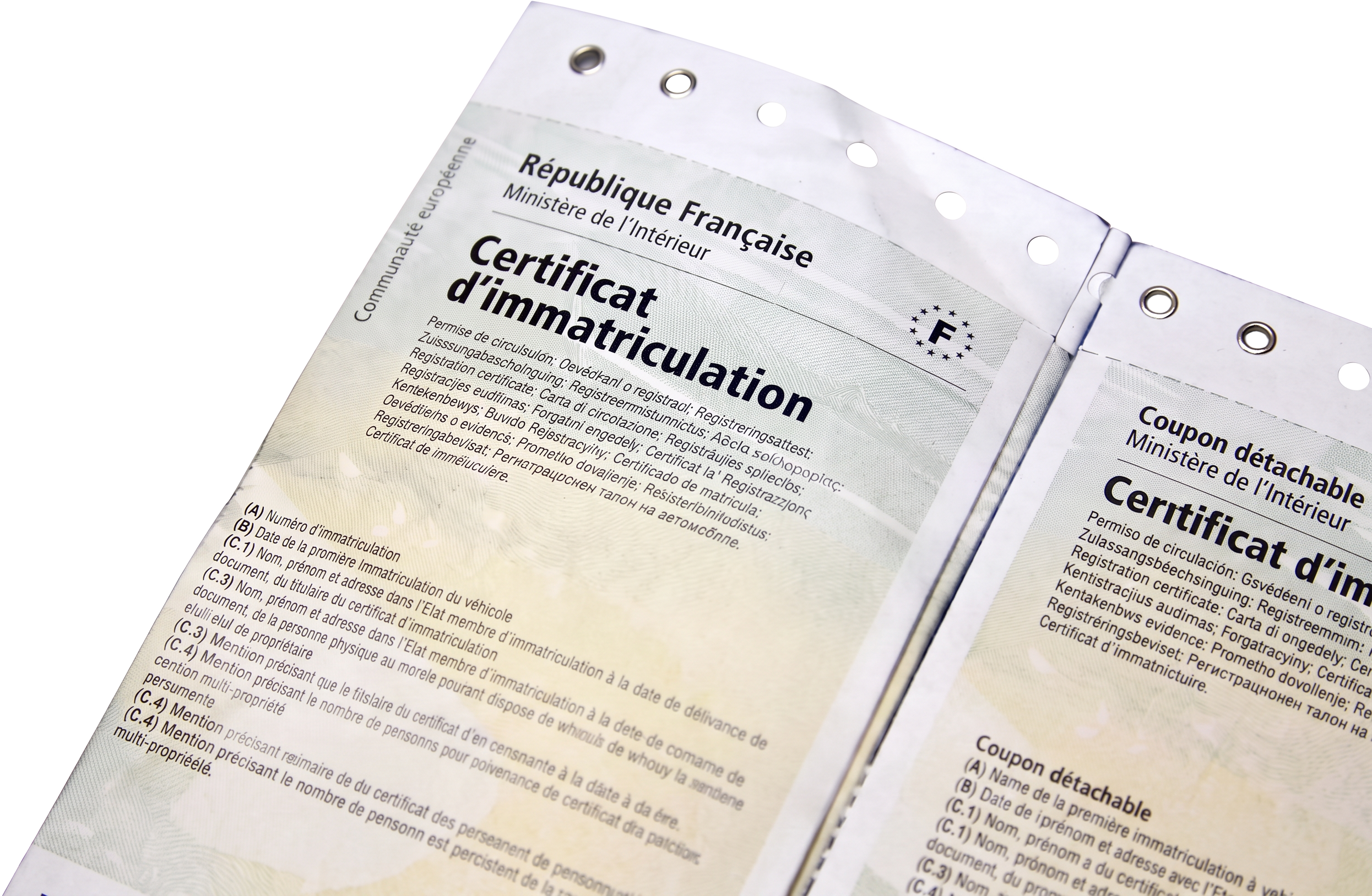 Certificat d'immatriculation français (carte grise) délivré par le Système d'Immatriculation des Véhicules